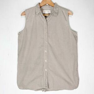 VTG 90s Beige Gingham Check Retro Top Womens XL Sleeveless Button Up Cottage
